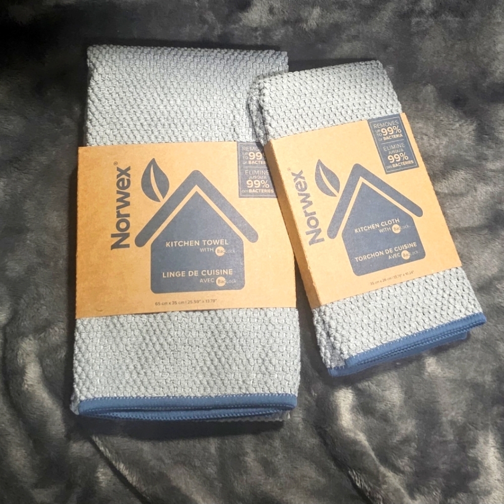 NORWEX - Diamond Textured Kitchen Towel & Cloth set ~ Graphite w/ Denim trim